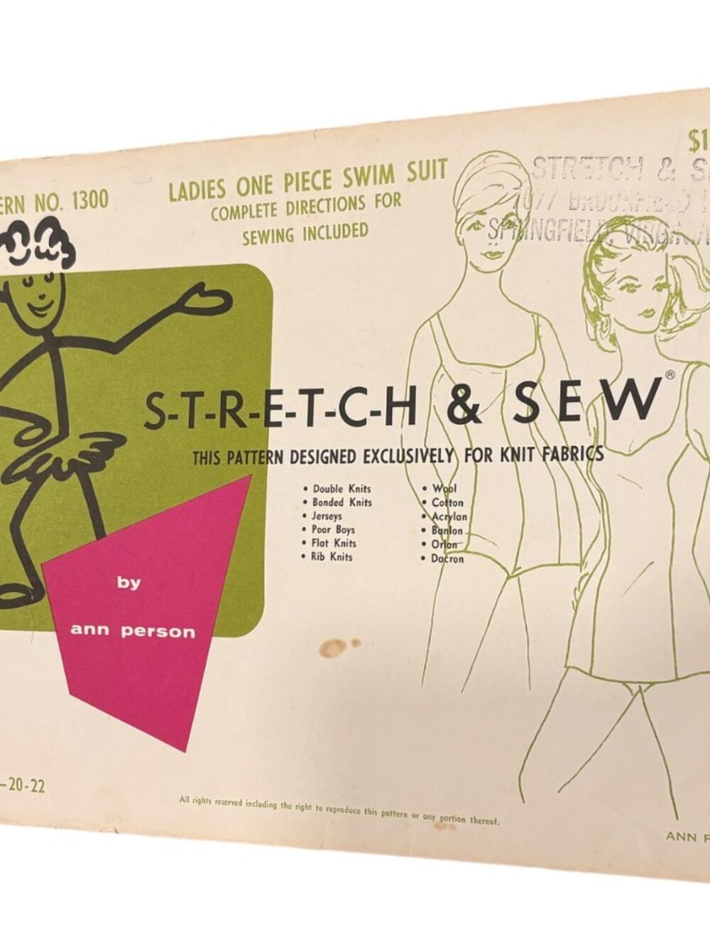 Vintage 1970s Stretch Sew Swimsuit Sewing Pattern 1300 Ann Person 1970s Vintage